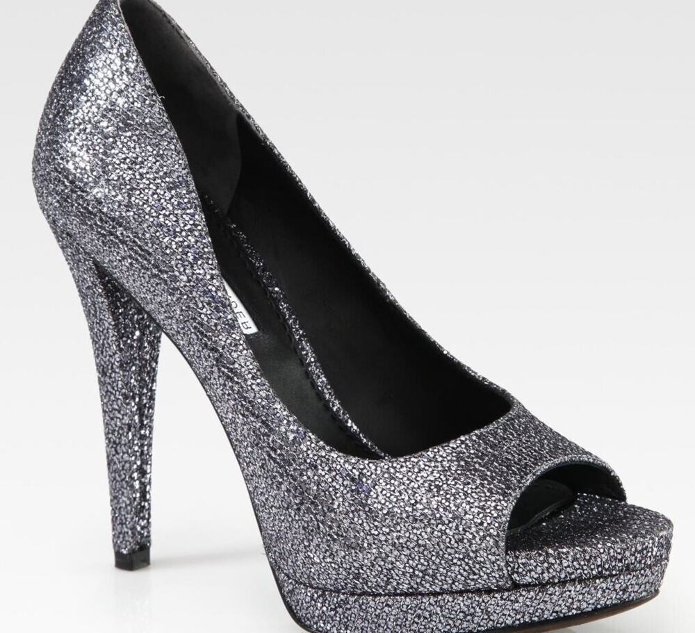 Vera Wang Lavender Selima Silver Glitter Peep Toe Heel Platform Pumps Size 7.5